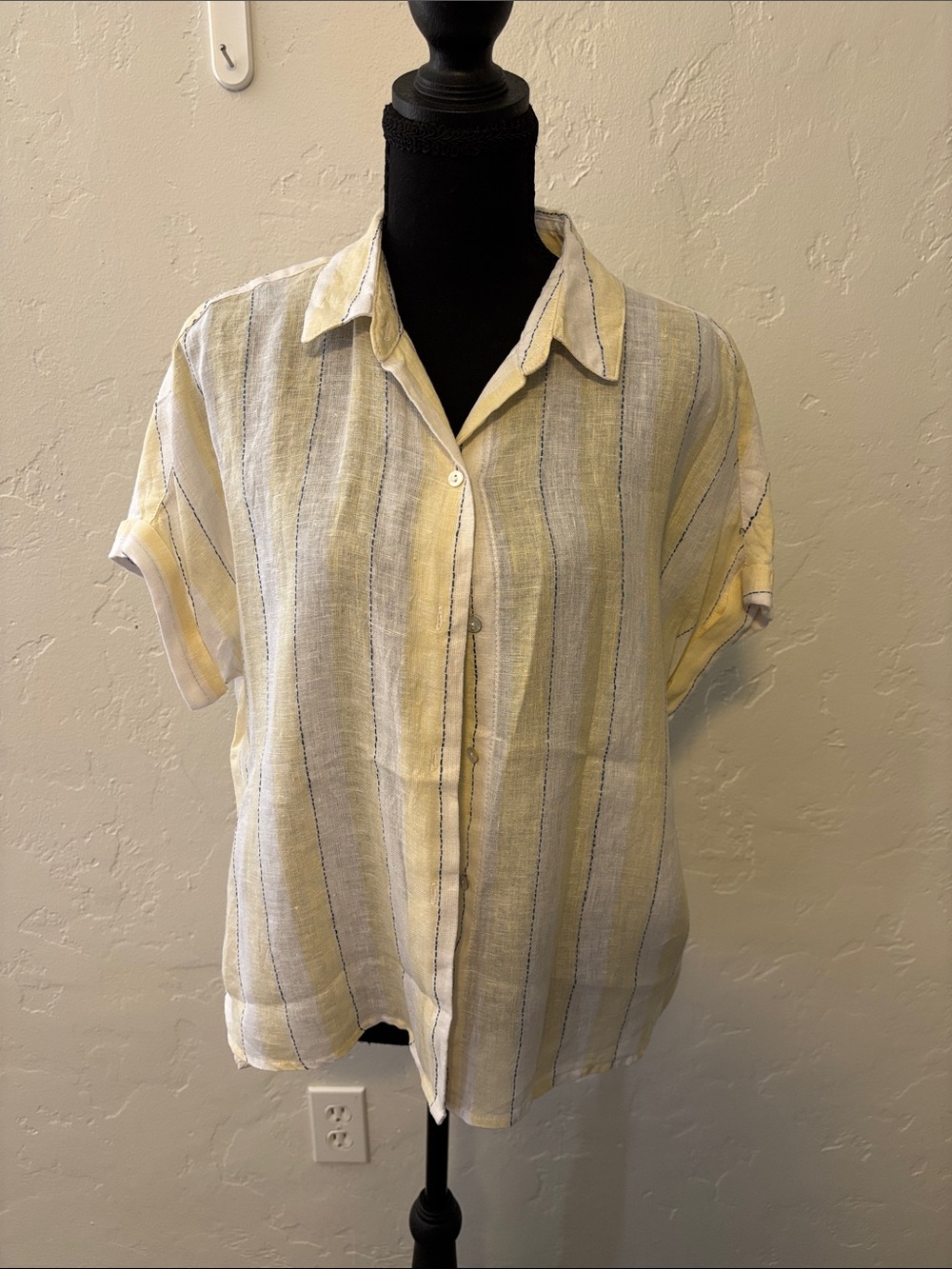 Isaac Mizrahi Yellow and White Striped Short-Sleeve Button Down 100% linen